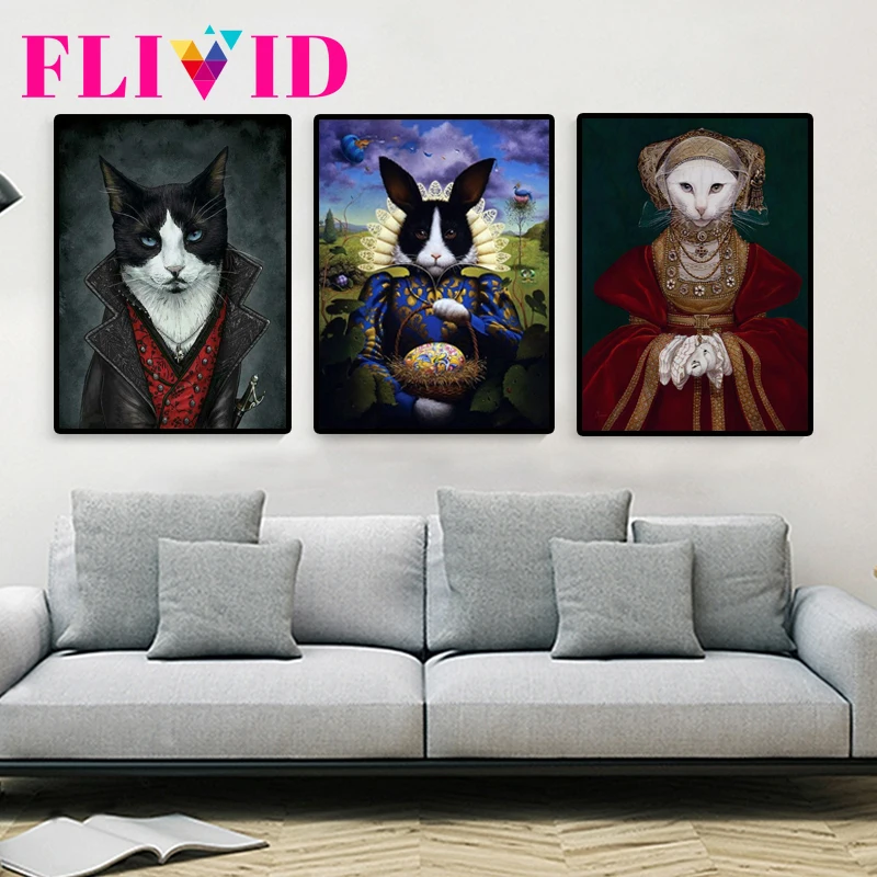Кошка Собака корова портрет Винтаж Wall Art Холст Картина Nordic Плакаты и принты
