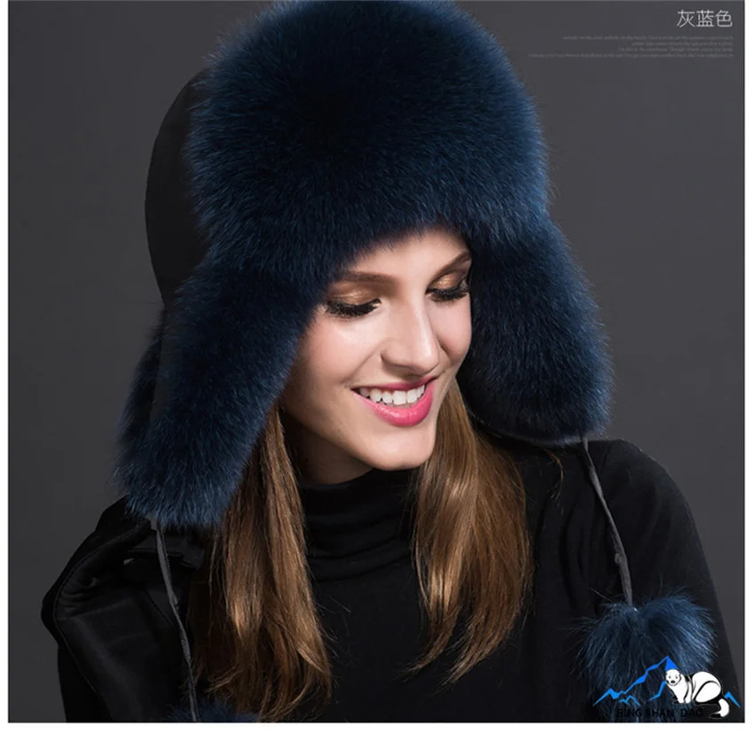 Russia Hot Item Fashion Winter Raccoon&bomber Fox Fur Hat With Ear Flaps For Women Thick and warm Winter Cap mens winter bomber hats