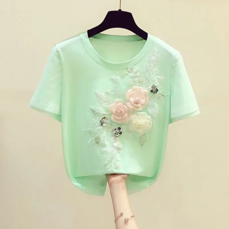 

Green Tshirt for Women Flower Shirt 2020 Summer New Three-dimensional Embroidered Flower Short Sleeve Round Collar T-shirt