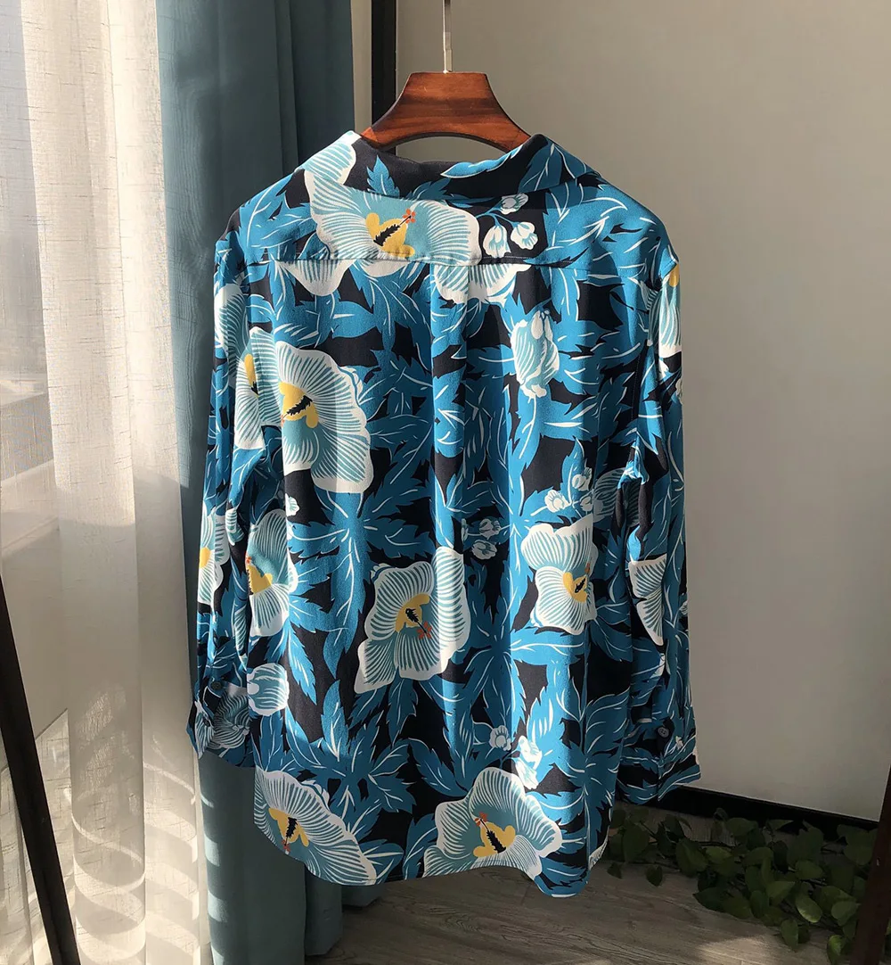 Women High Quality Silk Notched Long Sleeve Floral Printing Blouse Shirt 6