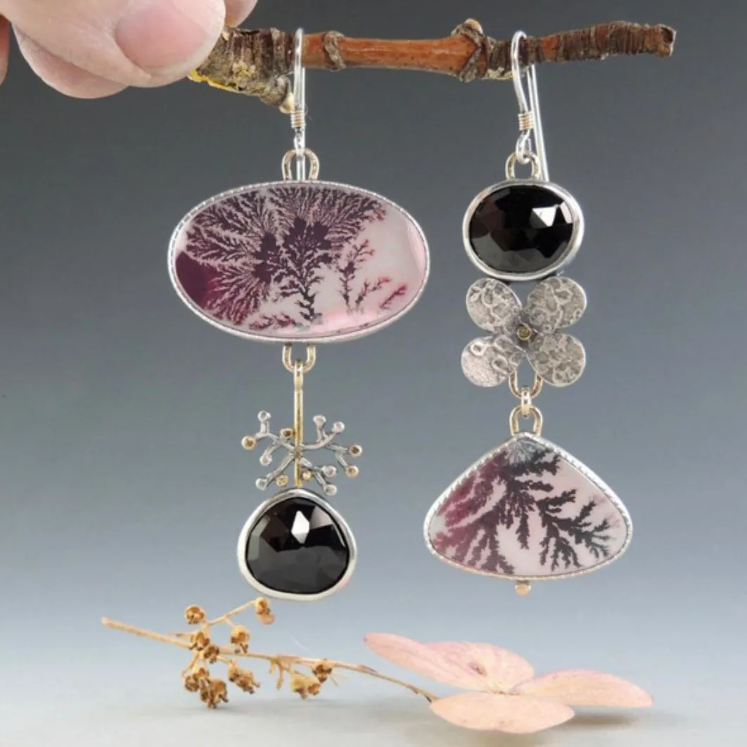 

Vintage Asymmetrical Drop Earrings For Women Indian Tribal Jewelry Tree Flower Metal Black Stone Statement Ethnic Dangle Earring