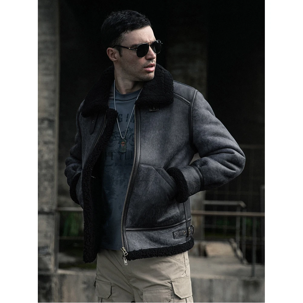 Sheepskin Shearling Jacket Mens B3 Bomber Jacket Short Leather Jacket