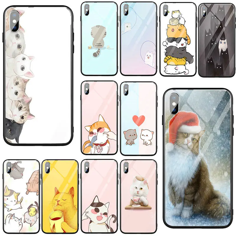 For iPhone 5 5S SE 6 6S 7 8 Plus X XR XS 11 Pro Max Coque Shell Tempered Glass Mobile Phone Cases Bags Cute Cartoon Cat | Мобильные