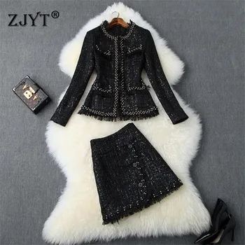 

Women Luxury Beading Tweed Woolen Jacket and Skirt Suit Two Pieces Set 2019 Fall Winter Designer Runway Sets Office Lady Outfits