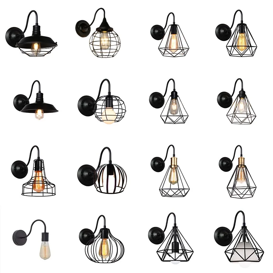 Vintage American Iron Black Wall Light e27 Loft Lampshade Cage Indoor Bedroom Wall Lamp Bar Counter Retro Reading Lustre Sconce