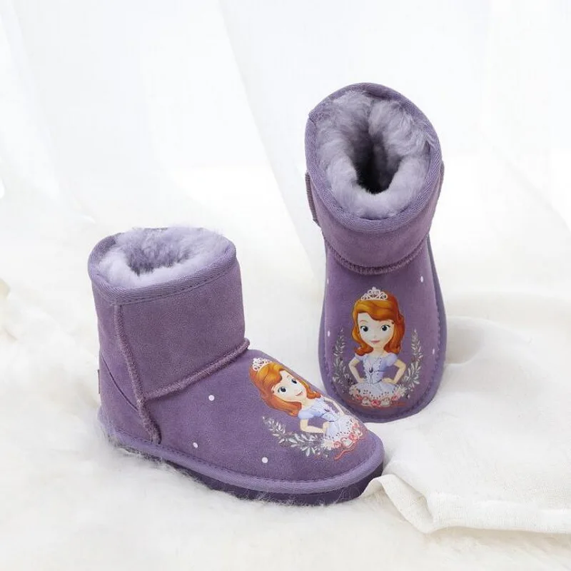 Purple Pricess Кожаные зимние сапоги для маленьких девочек; зимние теплые Нескользящие ботинки для маленьких мальчиков; обувь для маленьких детей; ботинки для маленьких принцесс Эльзы и Анны - Цвет: Purple Pricess