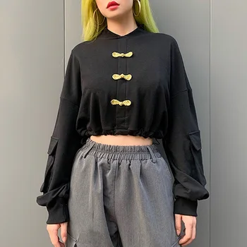 

2019 Autumn Girl Fashion Waist Drawstring Vintage Chinese Knot Stand Collar Hoodies Long Sleeve Pockets Casual Sweatshirts