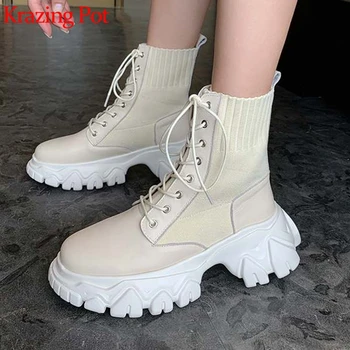 

Krazing Pot cow leather high heels round toe lace up knitting stretch boots rivets punk limited customization ankle boots L75