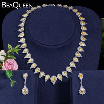 

BeaQueen Luxury Oval Cut Sparkling Yellow AAA+ Cubic Zirconia Women Wedding Evening Statement Necklace Earring Jewelry Set JS041