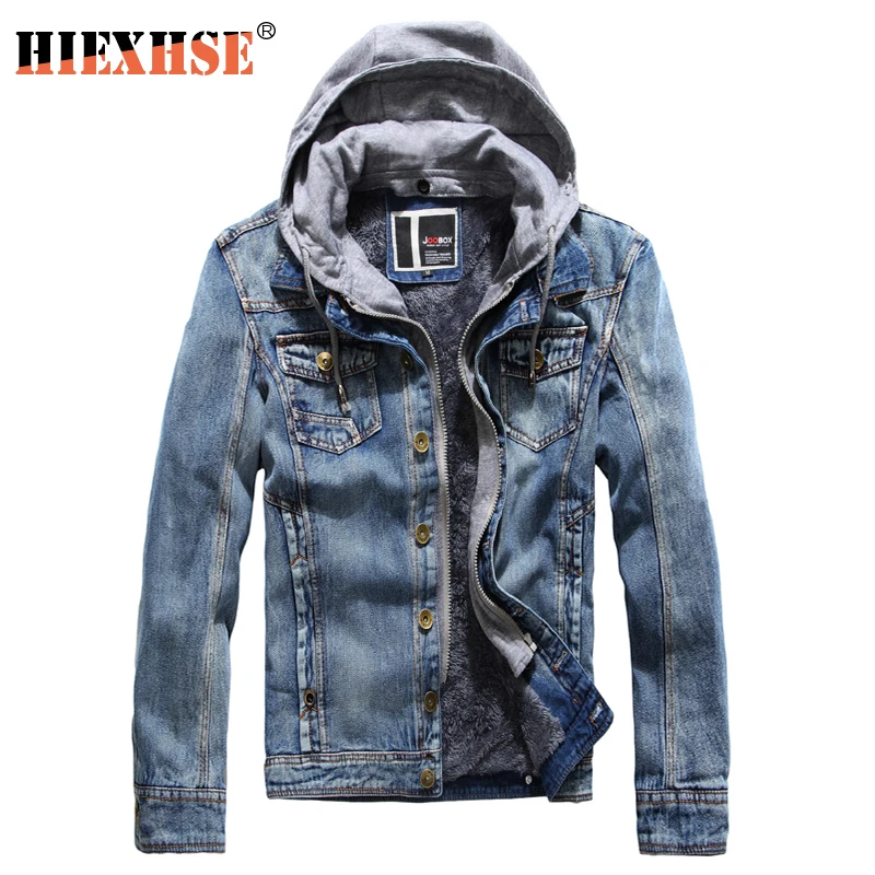 

HIXEHSE Men Winter Denim Jackets Outerwear Warm Denim Coats Wool Liner Thicker Winter Large Size Hooded Detachable Clothing