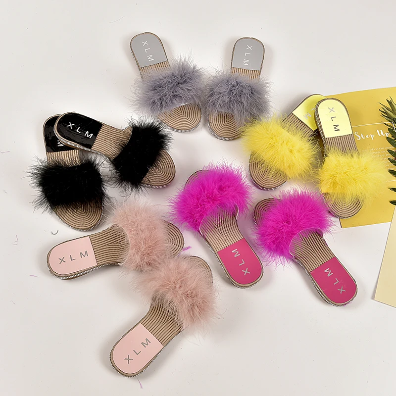 

Fur Slippers Candy Color Slide Woman Shoes Real Fur Ladies Slides Yellow Shoes chaussures femme Flip Flops Flat Slipper 72C27