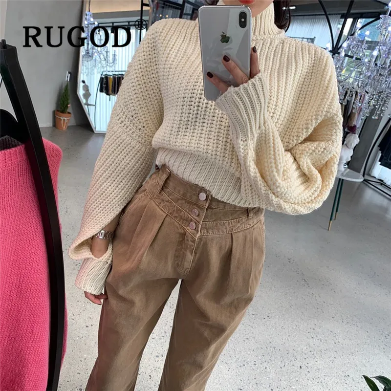 RUGOD, Корейская женская одежда ins, зима, Одноцветный короткий свитер с высоким воротом и пуговицами сзади, Свободный вязаный пуловер, модная туника