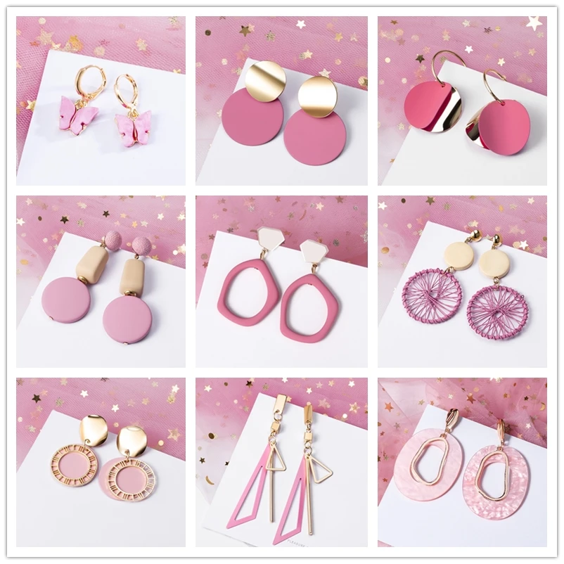 Drop Earrings Pink Color Flower Women Summer Geometry Heart Leaf Butterfly Party Ear Jewelry Valentine's Day Gift