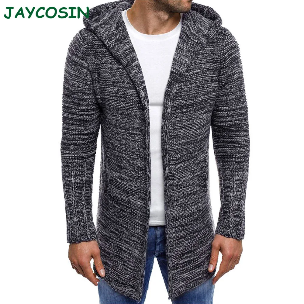 JAYCOSIN осенне-зимняя куртка Мужская однотонная вязаная длинная с капюшоном