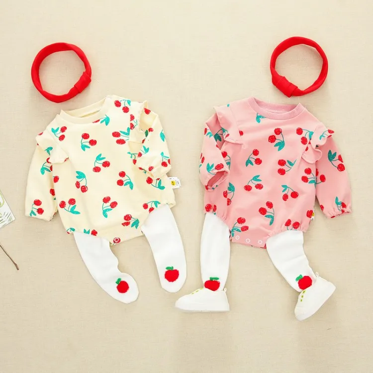 

2019 Autumn New Style Korean-style Cherry Fruit Send Hair Bands Triangle Jumpsuit Clothes for Babies Baby Jumpsuits Crawling Clo