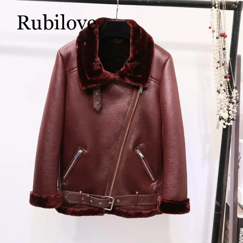 Rubilove/новое пальто в стиле ретро с отворотом и бархатной подкладкой из меха, теплое модное пальто из искусственной кожи, мех ягненка