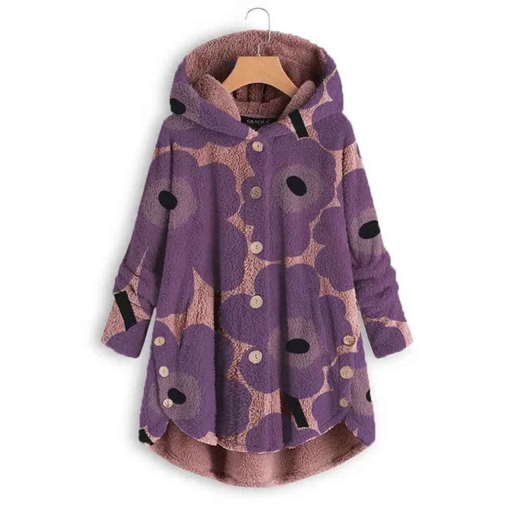 

Fashion Button winter long coat women Floral Printing Fluffy Hooded Loose dames kleding Casual Outwear warm parkas NEW