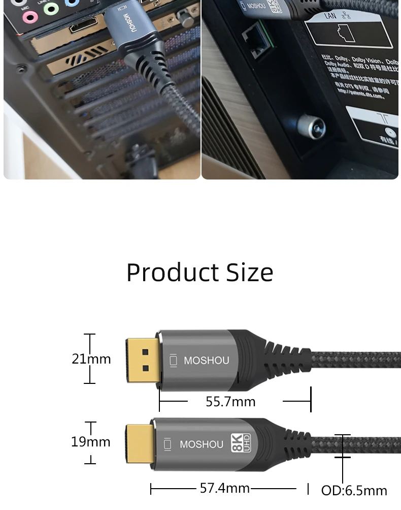 Moshou 8K DisplayPort to HDMI-compatible Cable UHD 8K@60Hz 4K@120Hz Ultra Speed 48Gbps HDR for projector HDTV DP1.4 to HD2.1