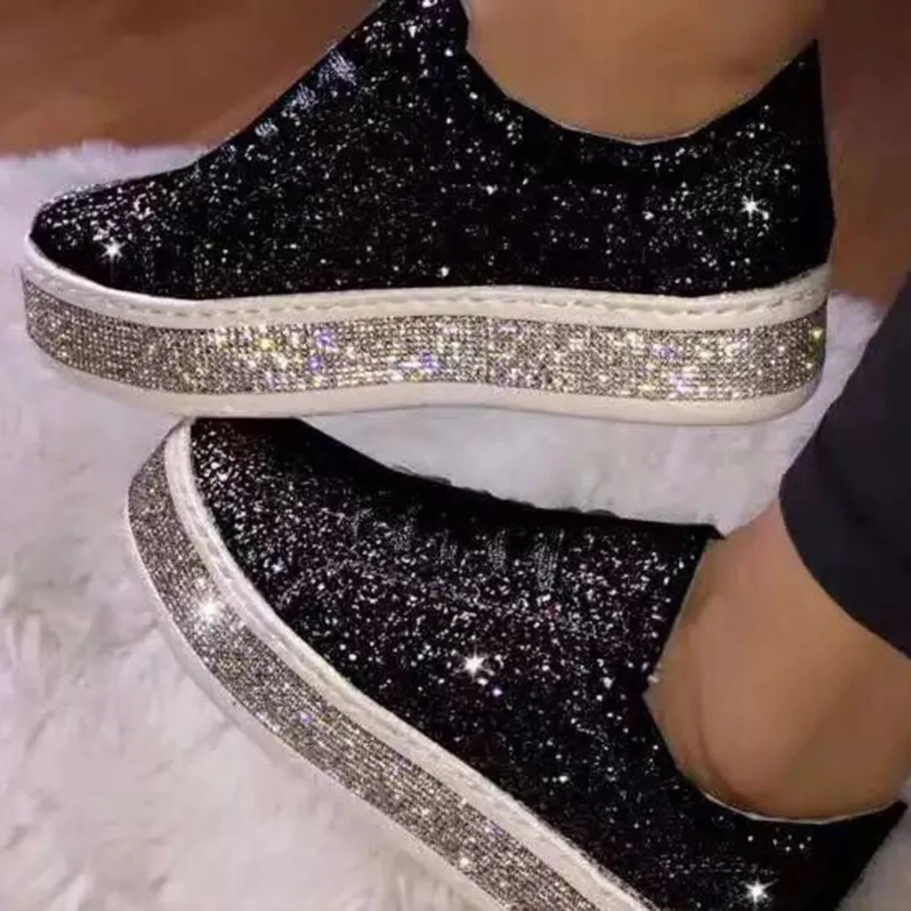 

Fashion Womens Outdoor Flats Round Toe Non-slip Sport Casual Shoes Single Shoes Sequined Flat Lace Up Sneakers Casual Shoes