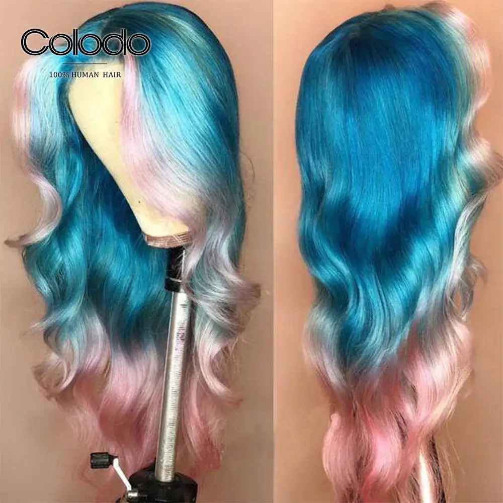 COLODO Ombre Blauw Roze Kant Voor Menselijk Haar Pruiken Pre Geplukt Remy Braziliaanse Blonde Geel Body Wave Pruik Lijmloze Pruiken voor Vrouwen COLODO Ombre Blauw Roze Kant Voor Menselijk Haar Pruiken Pre Geplukt Remy Braziliaanse Blonde Geel Body Wave Pruik Lijmloze Pruiken voor Vrouwen