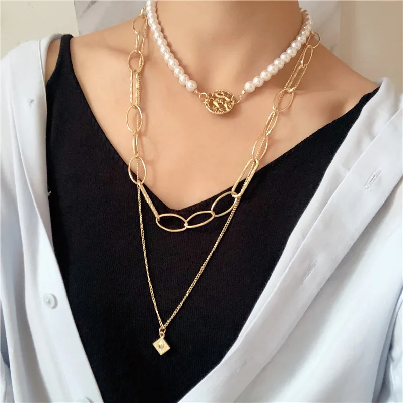 DIEZI New Fashion Imitation Pearls Choker Necklace Female Necklaces for Women Gold Color Coin Pendant Sweater chain Jewelry