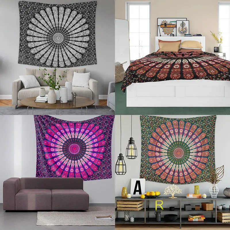 

5 Styles Modern Colorful Indian Hippie Bohemian Psychedelic Peacock Mandala Wall Hanging Bedding Tapestry Beach Carpet