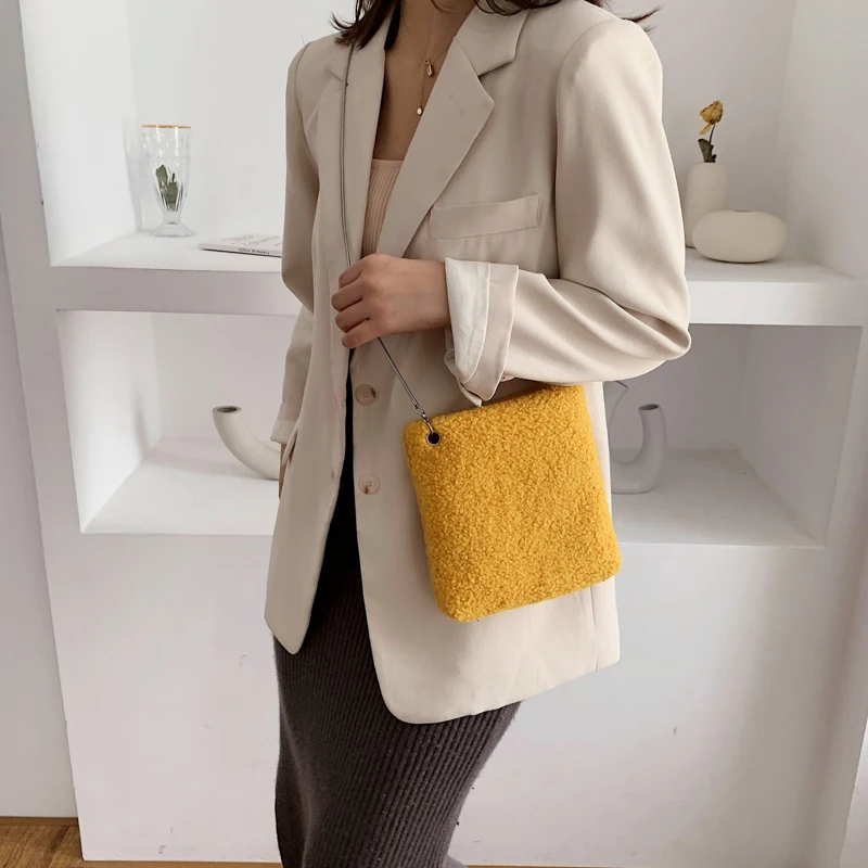 Winter fashion faux fur mini square bag luxury brand soft ladies plush warm small Messenger bag metal chain tote bag coin bag