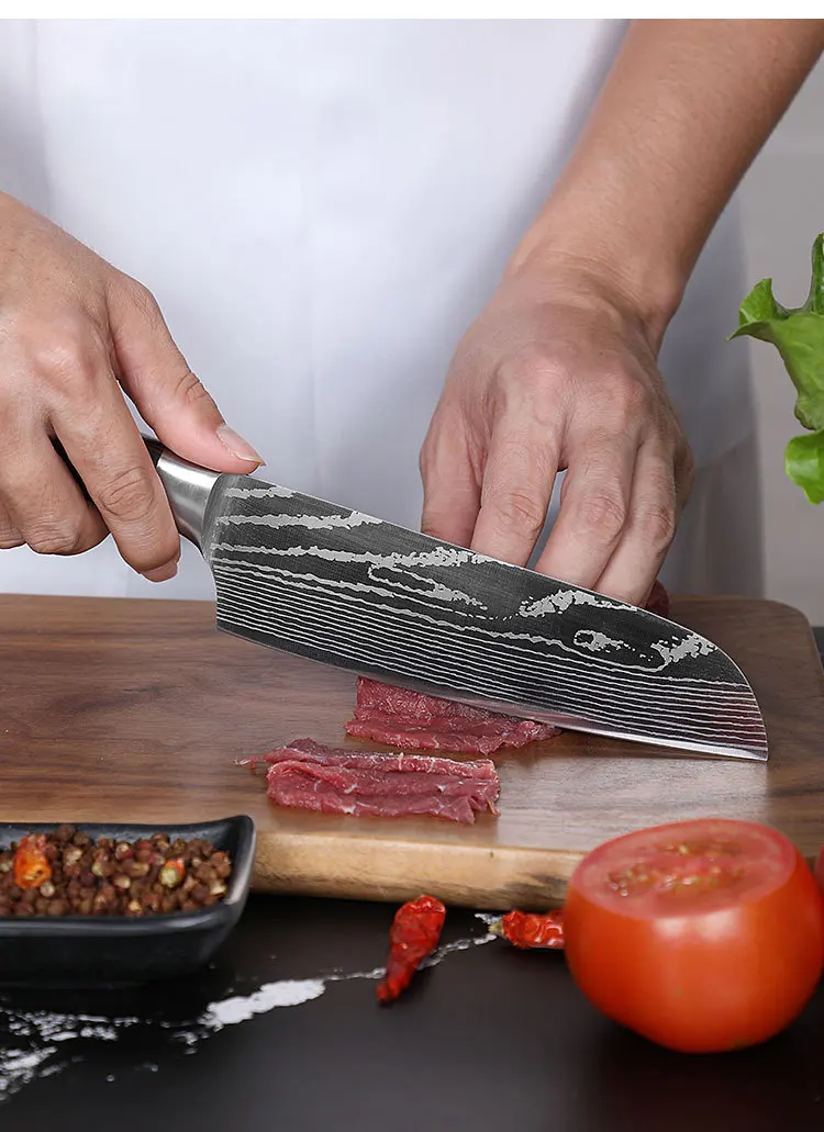 Высококачественный японский нож шеф-повара 4Cr14 из нержавеющей стали, дамасский лазерный нож для нарезки зерна, универсальный нож