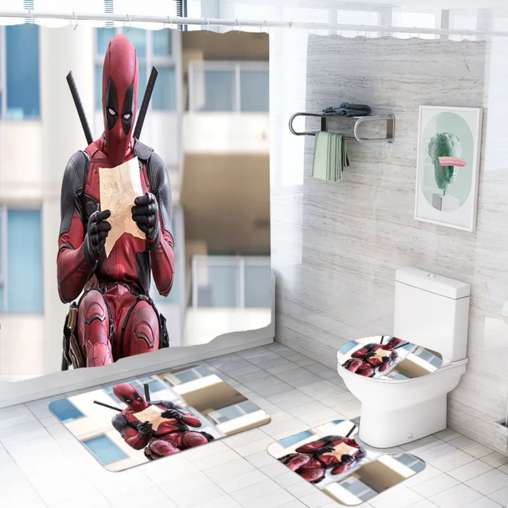 

3D Print Bathroom Set for Home Custom Super Hero Polyester Waterproof Bath Curtains with Rug Toilet Lid Cover U shape Rugs Mat