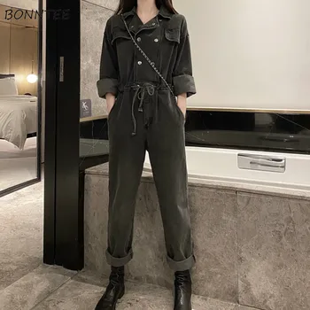 

Jumpsuits Women Denim Double Breasted Lace-up High Waist Long Sleeve BF Ulzzang Retro Girl Cargo Casual Streetwear Spring Womens