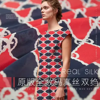 

2018 NEW Summer Red&Blue Plaid Digital Print 100%Silk Crepe Fabric For Women Dress 140cm Wide 14Momme Fashion cloth DIY Sewing