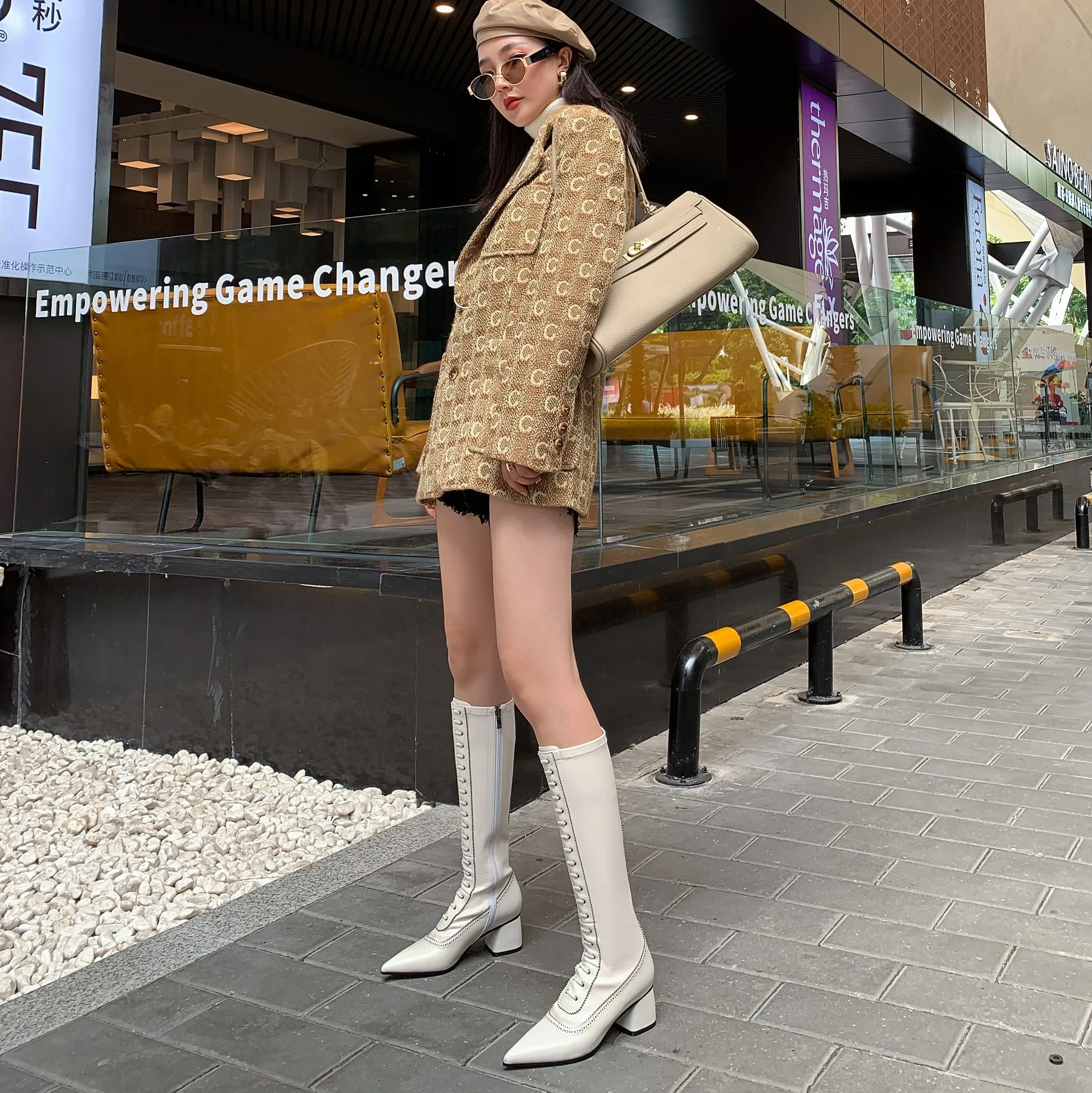 

Spring and Autumn 2020 new thick heel pointed toe long knight boots high boots women's wild stovepipe zipper but knee boots X358
