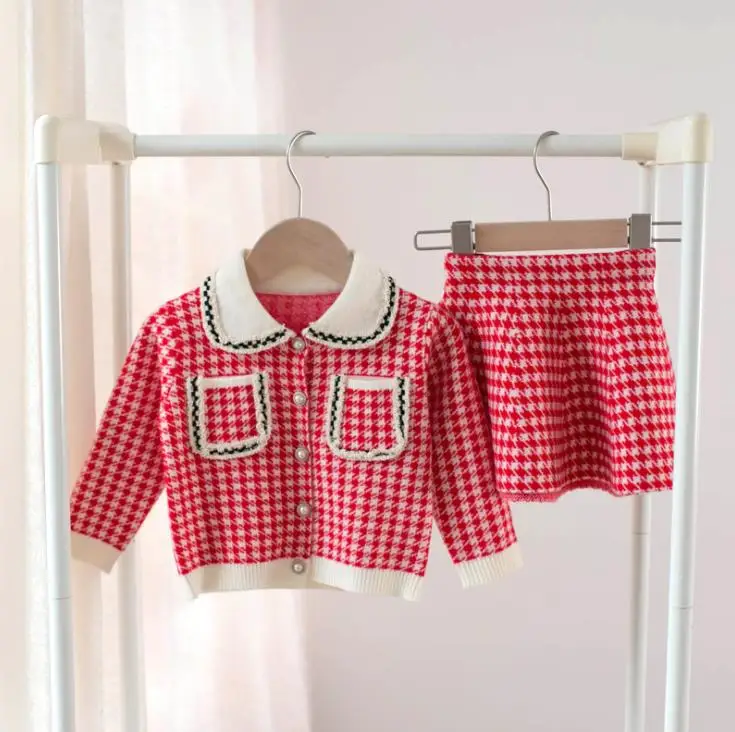 Owligbaby/Новинка г.; комплект из 2 предметов для маленьких девочек; клетчатый свитер вязаный+ юбка; весенние детские костюмы