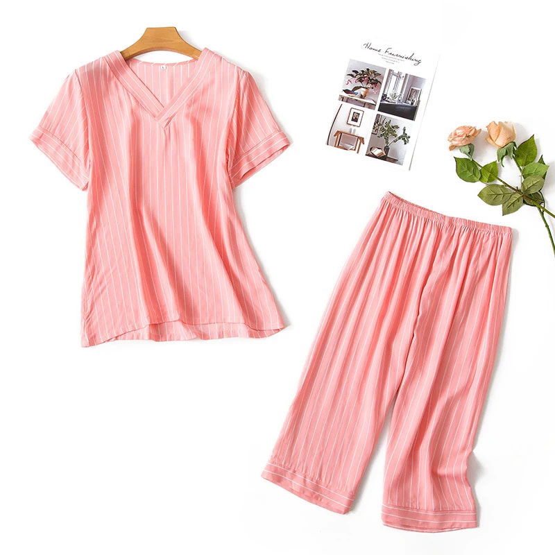 V Striped Pink Женское сексуальное летнее белье Pijiama хлопковое Полосатое с принтом и коротким рукавом, пижамы, корейское платье из двух предметов, розовые пижамные комплекты, одежда для сна - Цвет: V Striped Pink