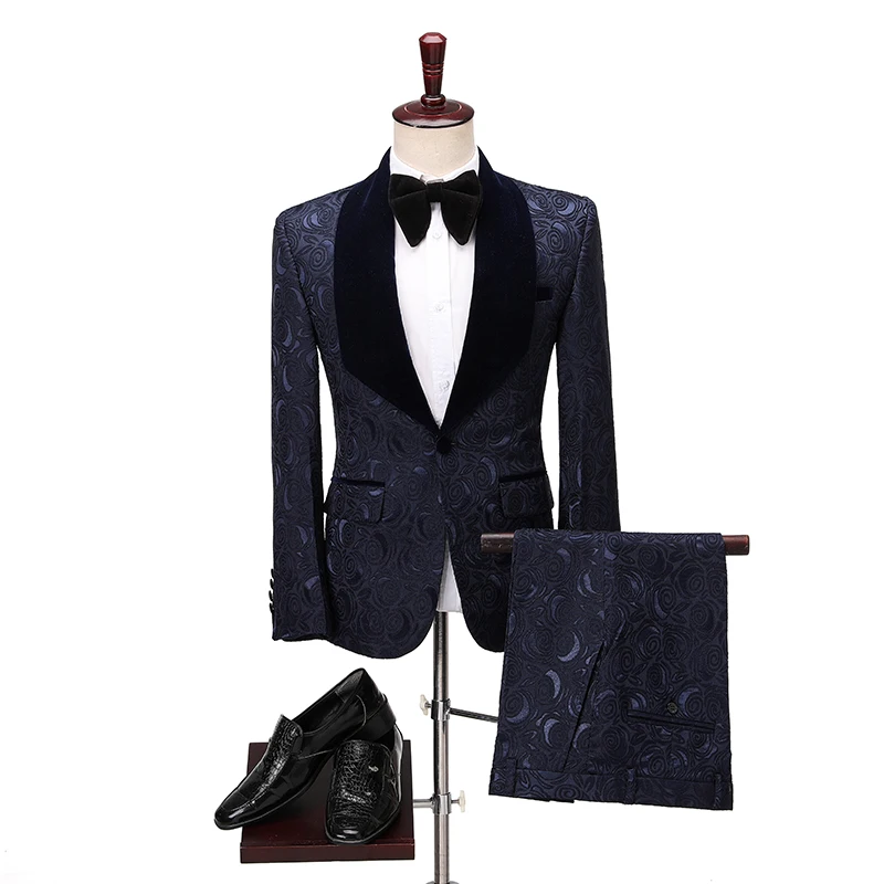 

New Brand Groom Tuxedo Suit 2020 Custom Made Navy Blue Men Suits Terno Slim Fit Velvet Lapel Groomsmen Men Wedding Prom Suits