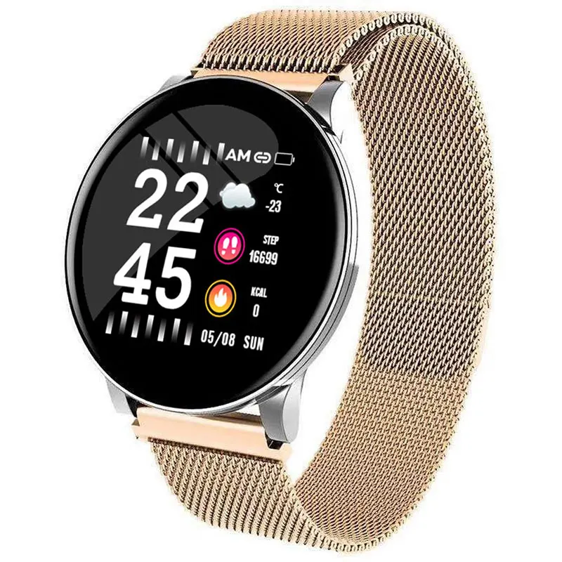 Gold Steel LYKL Смарт-часы W8 для мужчин женщин кровяное давление фитнес-трекер для измерения сердечного ритма шагомер мужские спортивные Смарт-часы для Android IOS - Цвет: Gold Steel