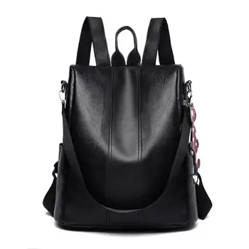 

Anti-theft Travel Backpacks Women Solid Color Leather Shoulder School Bags