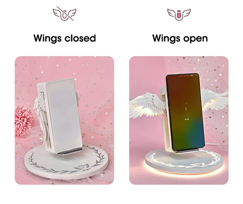 Новое творчество ангел крыло QI Беспроводное зарядное устройство 10 Вт Быстрая зарядка вертикальный мобильный телефон Беспроводная зарядка
