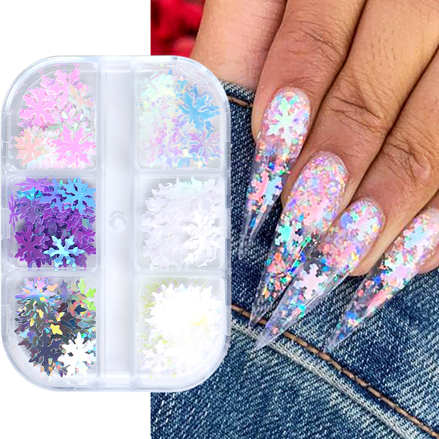 Snowflake Flake Nail Art Glitter Holographic Laser Reflective Sequins Pink White DIY Winter Decor Slice Manicure LE1909-27