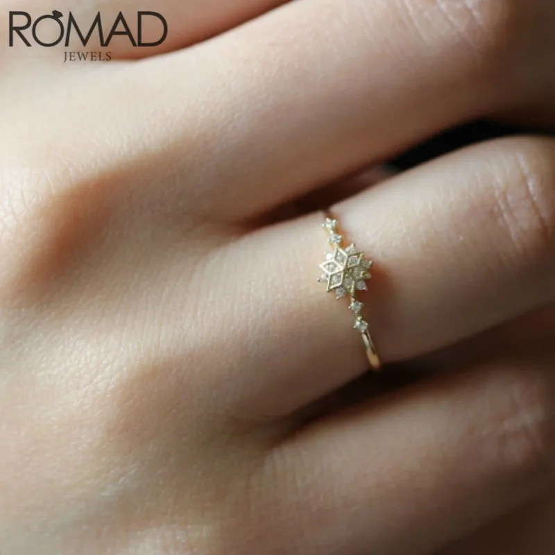 ROMAD Новые Модные Простые Кристальные кольца со снежинками для женщин Свадебные ювелирные изделия Нежный золотистый цвет кольца на палец Подарки для пар