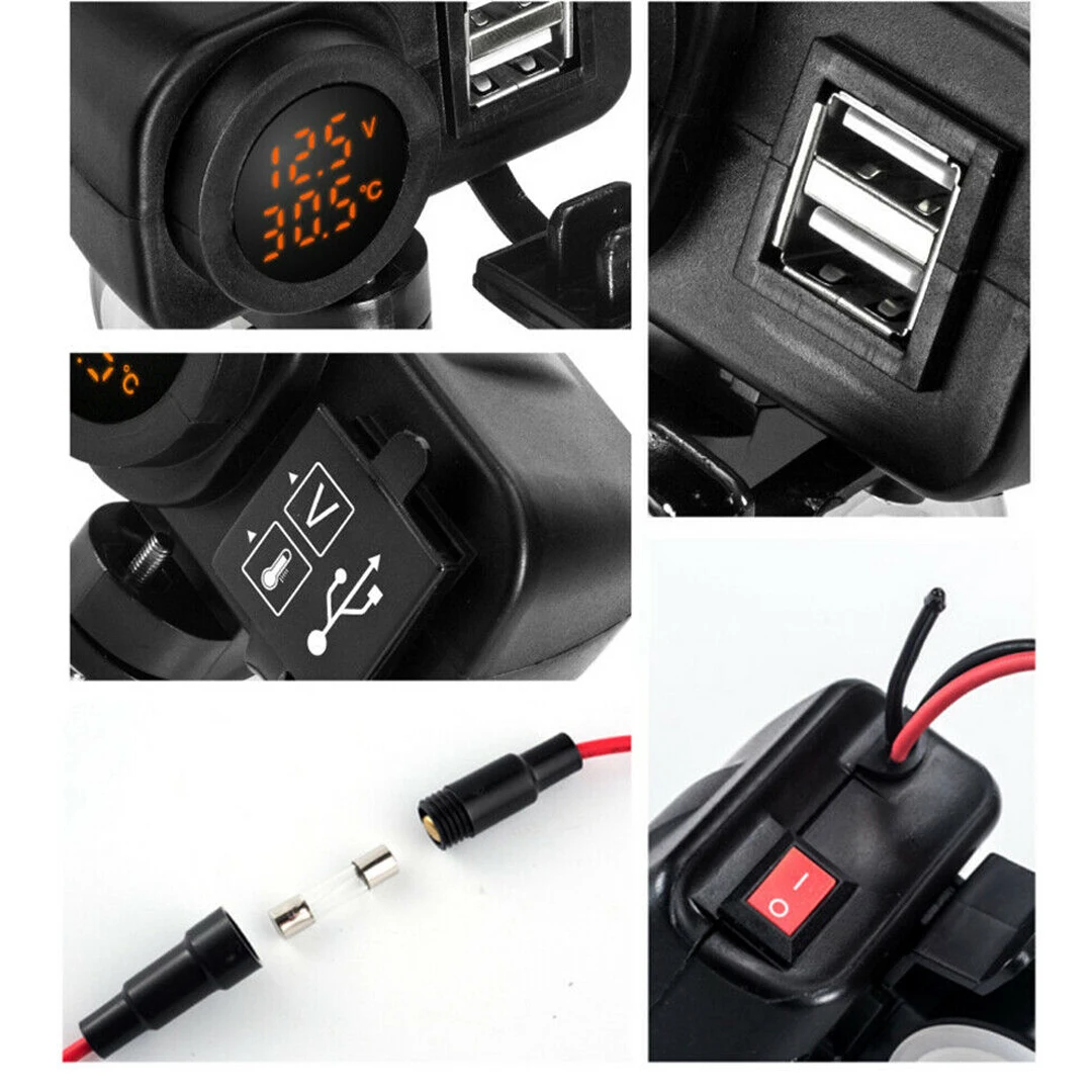 1pc Motorcycle USB Charger For Moto 2.1A 5V Motorcycle Charger With Voltmeter Yellow LED Display Thermometer