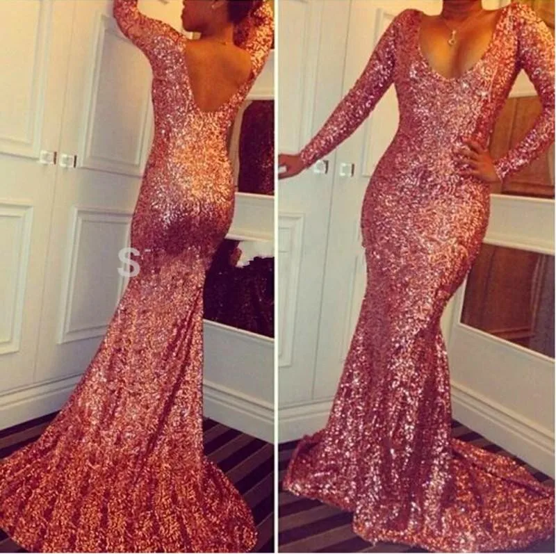 Vestido de noiva festa longo Русалка с длинным рукавом и открытой спиной, с блестками, Сексуальные вечерние платья для выпускного вечера, Платья для подружек невесты с коротким шлейфом