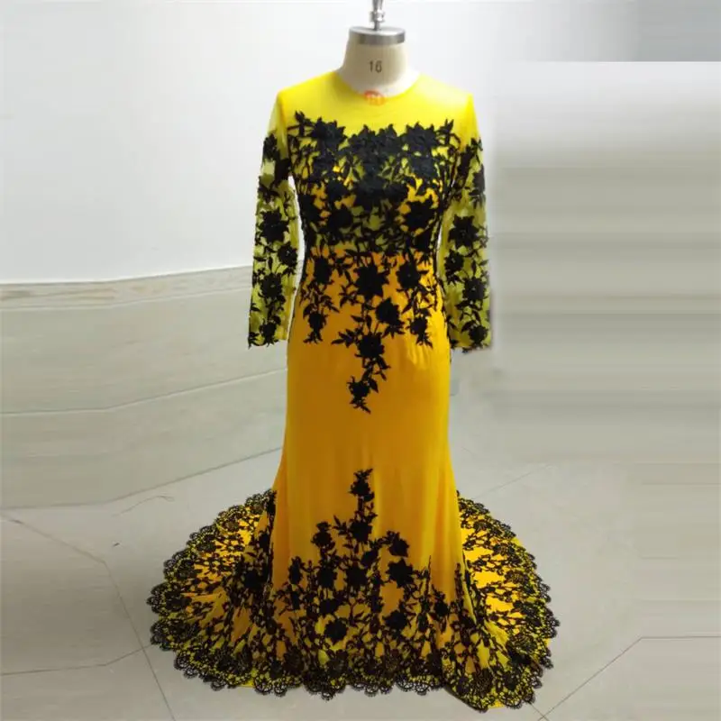 Цвет: желтый Желтые Вечерние платья Robe de Soiree с длинными рукавами с аппликацией вечерние настоящие фото платьев - Цвет: Цвет: желтый