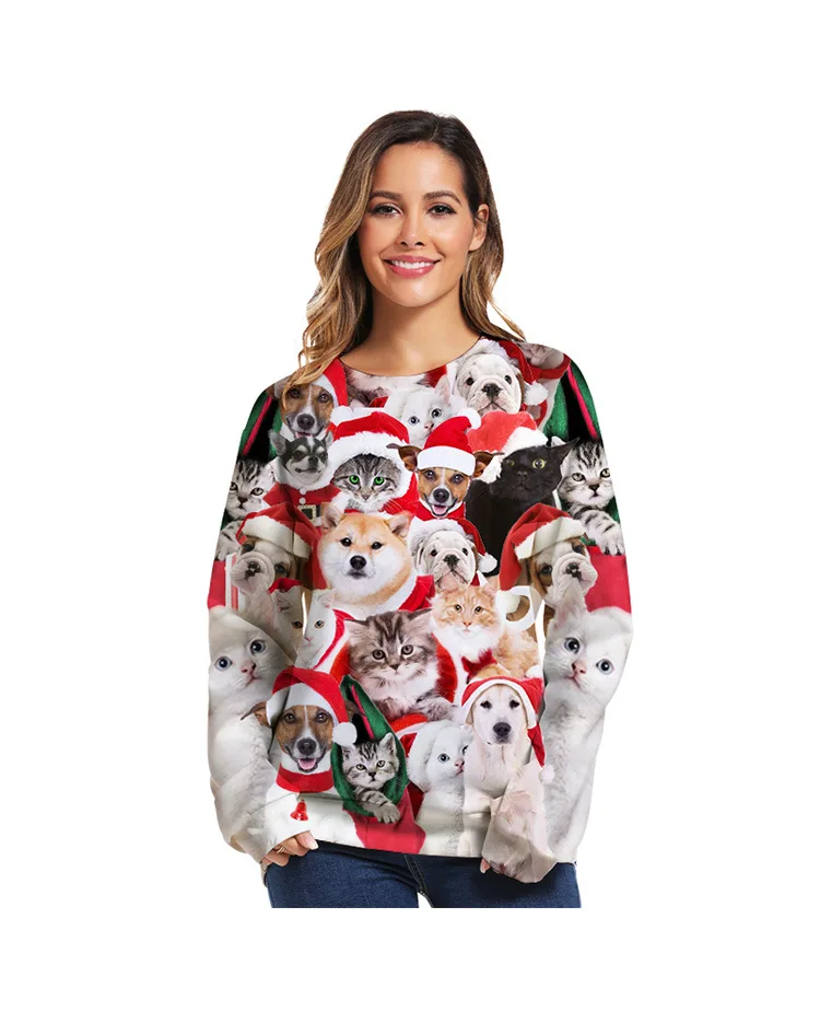 Рождественские свитера унисекс для праздников и вечеринок, джемперы, топы, свитер с круглым вырезом и длинным рукавом с изображением забавной собаки, 3D Толстовка с круглым вырезом