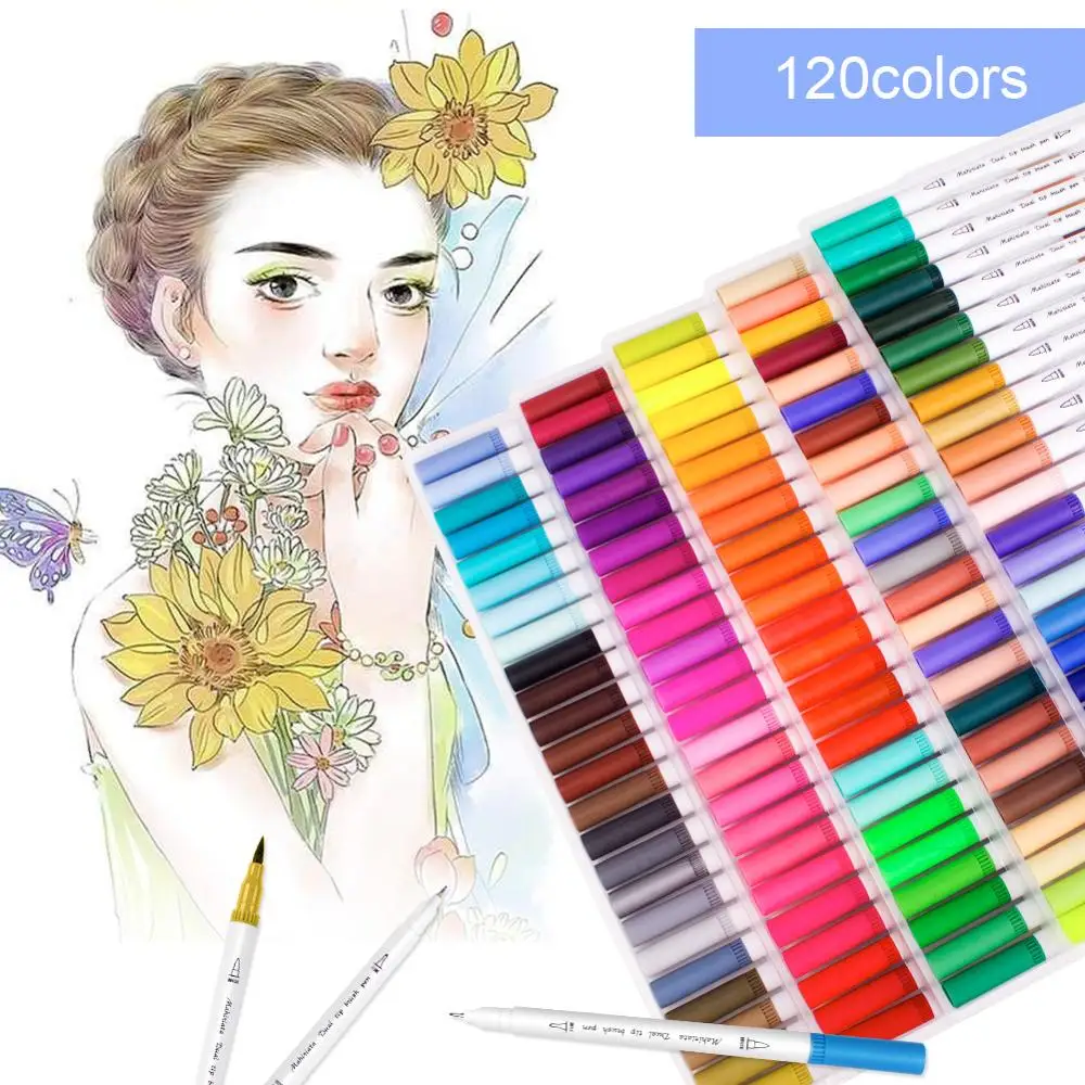 Online Dual Tip Kunst Marker 60 100 120 Farben Kalligraphie Aquarell Pinsel Pen Set für Erwachsene Colouring Bücher Kugel Journal