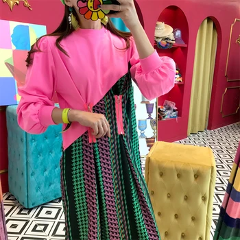 

TVVOVVIN 2019 New Autumn Round Collar Lantern Sleeve Women Vestidos Korean Fashion Patchwork Color Personality Dress B784