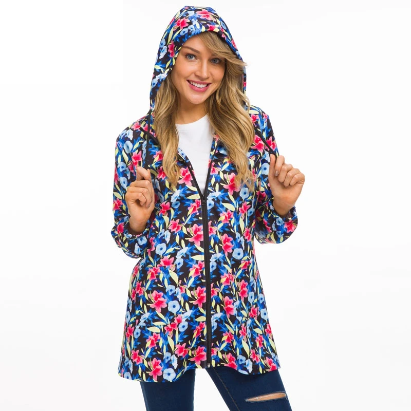 

Windbreaker Jacket Women Spring Autumn Fashion Long Zip Up Jackets Slim Fit Floral Print Outwear Hooded Coat Woman Casual Tops