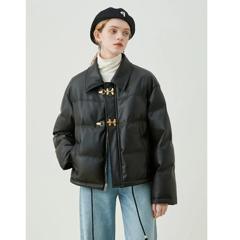 

Fashion PU Leather Coats Ladies Lapel Elegant Zipper Cotton Jackets Winter Thick Warm Short Parkas Women Oversize Outwear