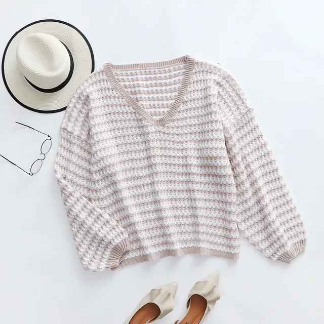 Women's Fashion Sweater Ladies Autumn V-neck Thick Striped Patchwork Knit Pullovers Loose Female Leisure Blouse Sweaters #4 4