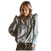 

Denim Shirt Women 2022 Lotus Sleeve V Neck Long Sleeve Shirt Single Breasted Tops Spring Autumn New Thin Bottoming Shirt Jacket